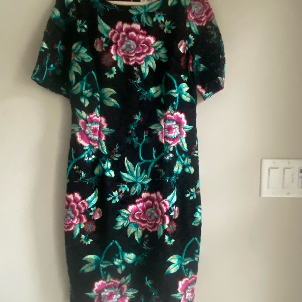 Eliza J Black Dress with Pink and Green Floral Design